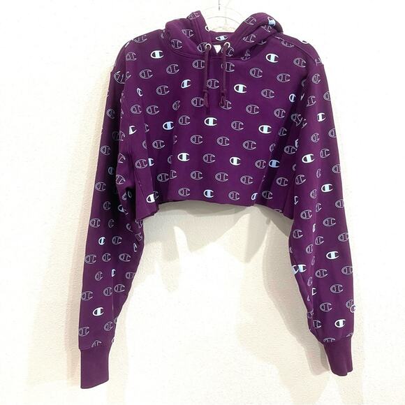 Champion Reverse Weave Purple Blue Logo Cropped Cutoff Hoodie Sweatshirt Large - Picture 11 of 11